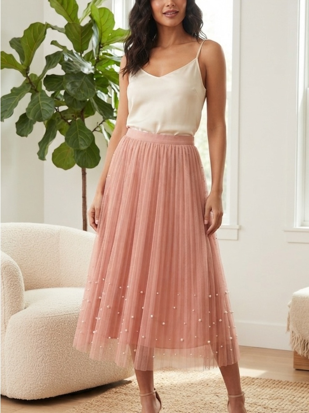 DR2 Blush Pink Pearl-Embellished Pleated Tulle Midi Skirt β Size M (NWT)